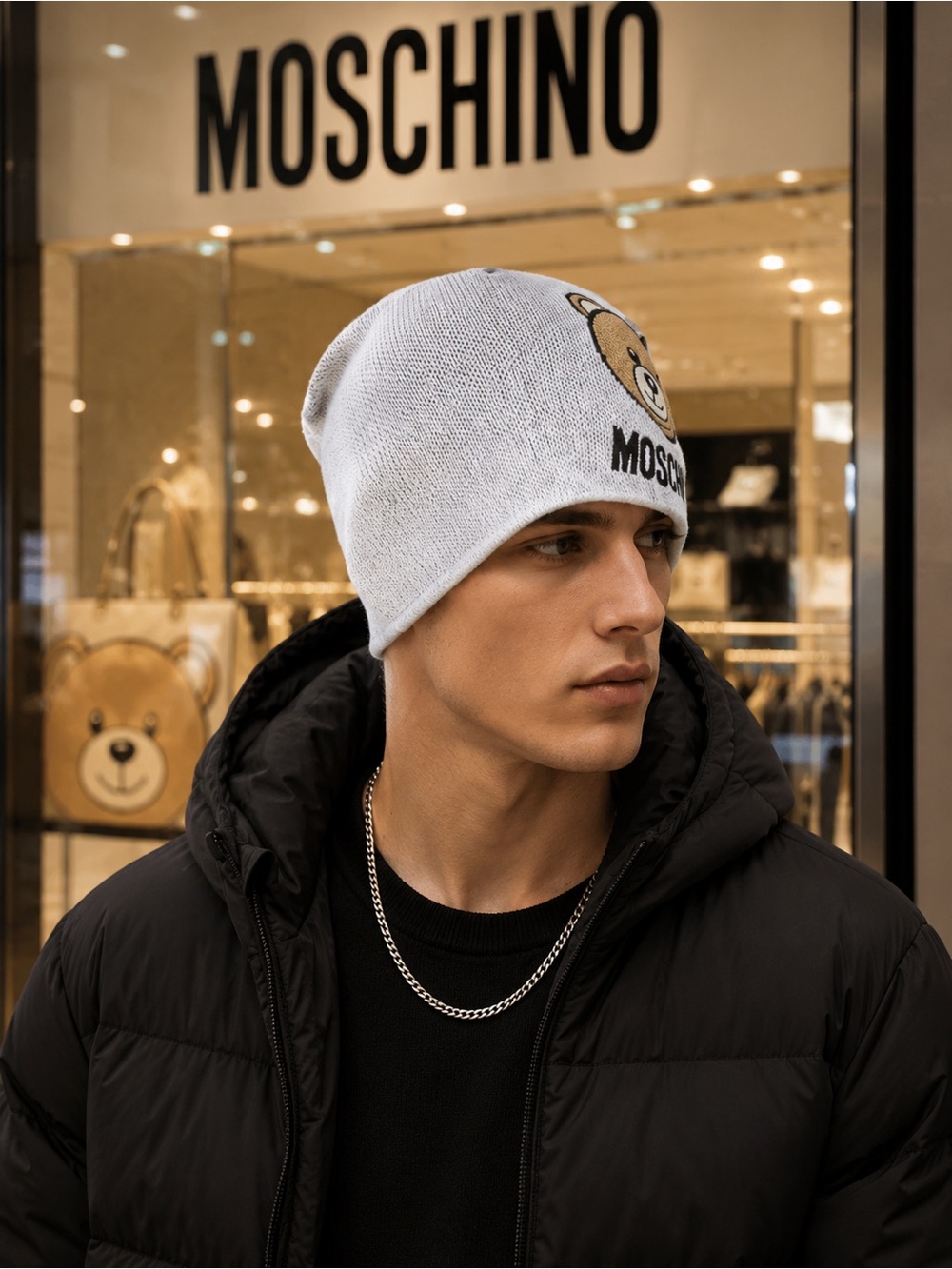 Moschino Metallic Silver Teddy Bear Logo Knit Beanie.NWT